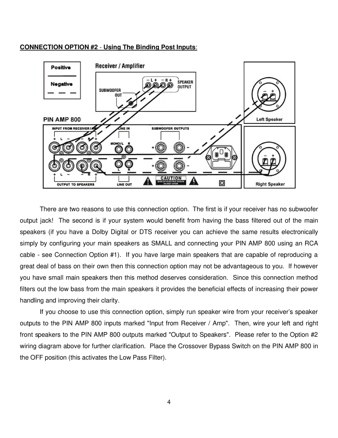 Pinnacle Speakers 800 owner manual Connection Option #2 Using The Binding Post Inputs 