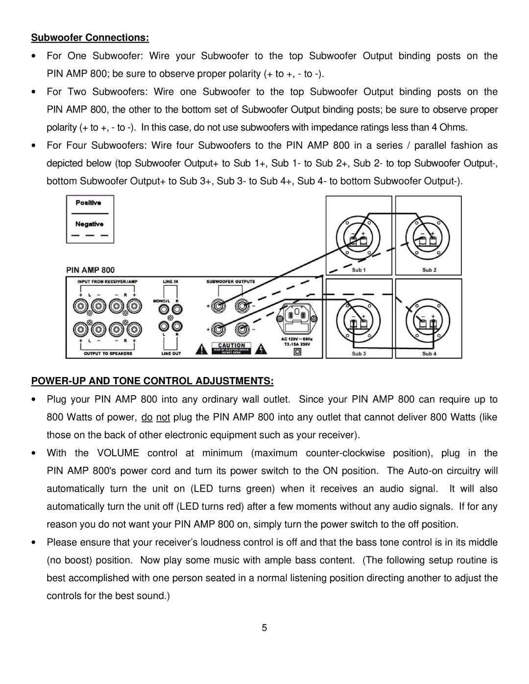 Pinnacle Speakers 800 owner manual Subwoofer Connections, POWER-UP and Tone Control Adjustments 