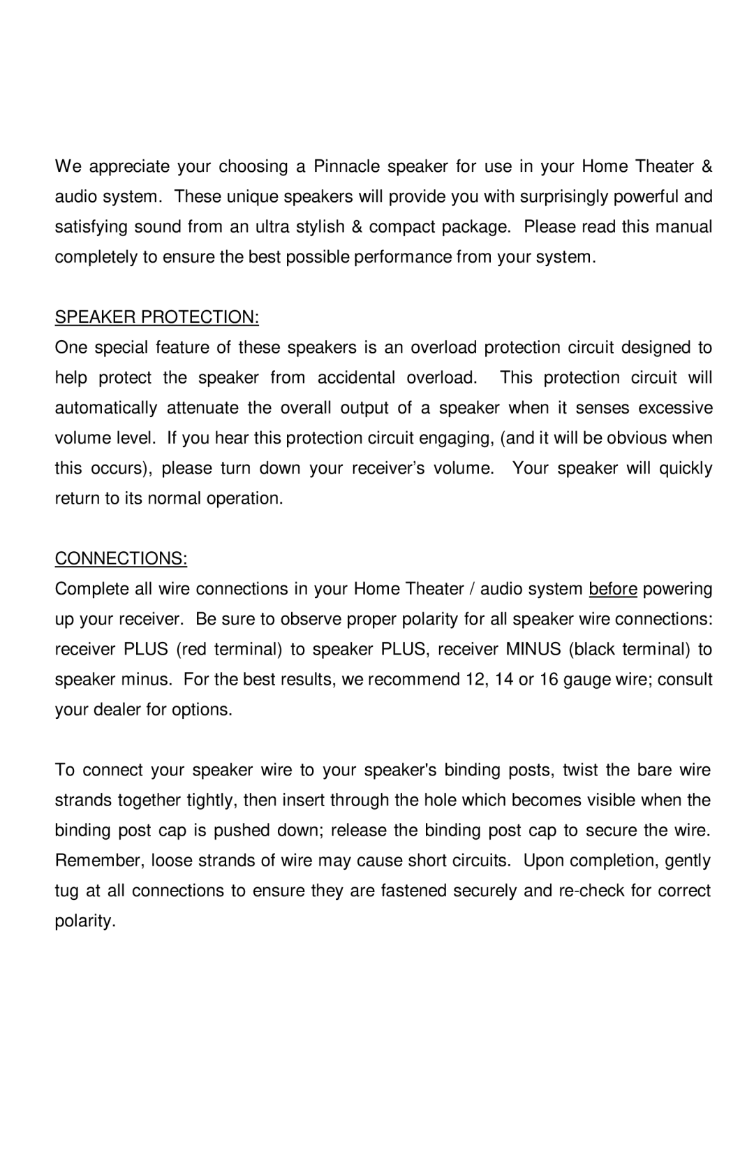 Pinnacle Speakers G0591 manual Speaker Protection, Connections 