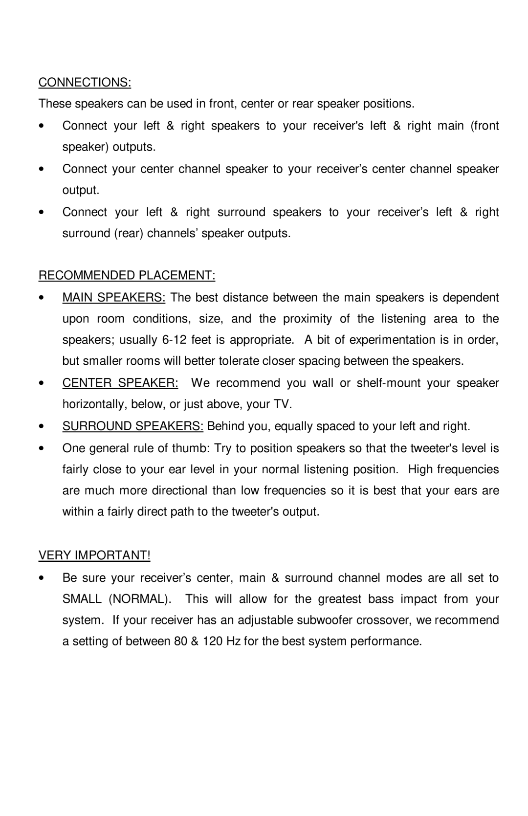 Pinnacle Speakers G0591 manual Recommended Placement, Very Important 