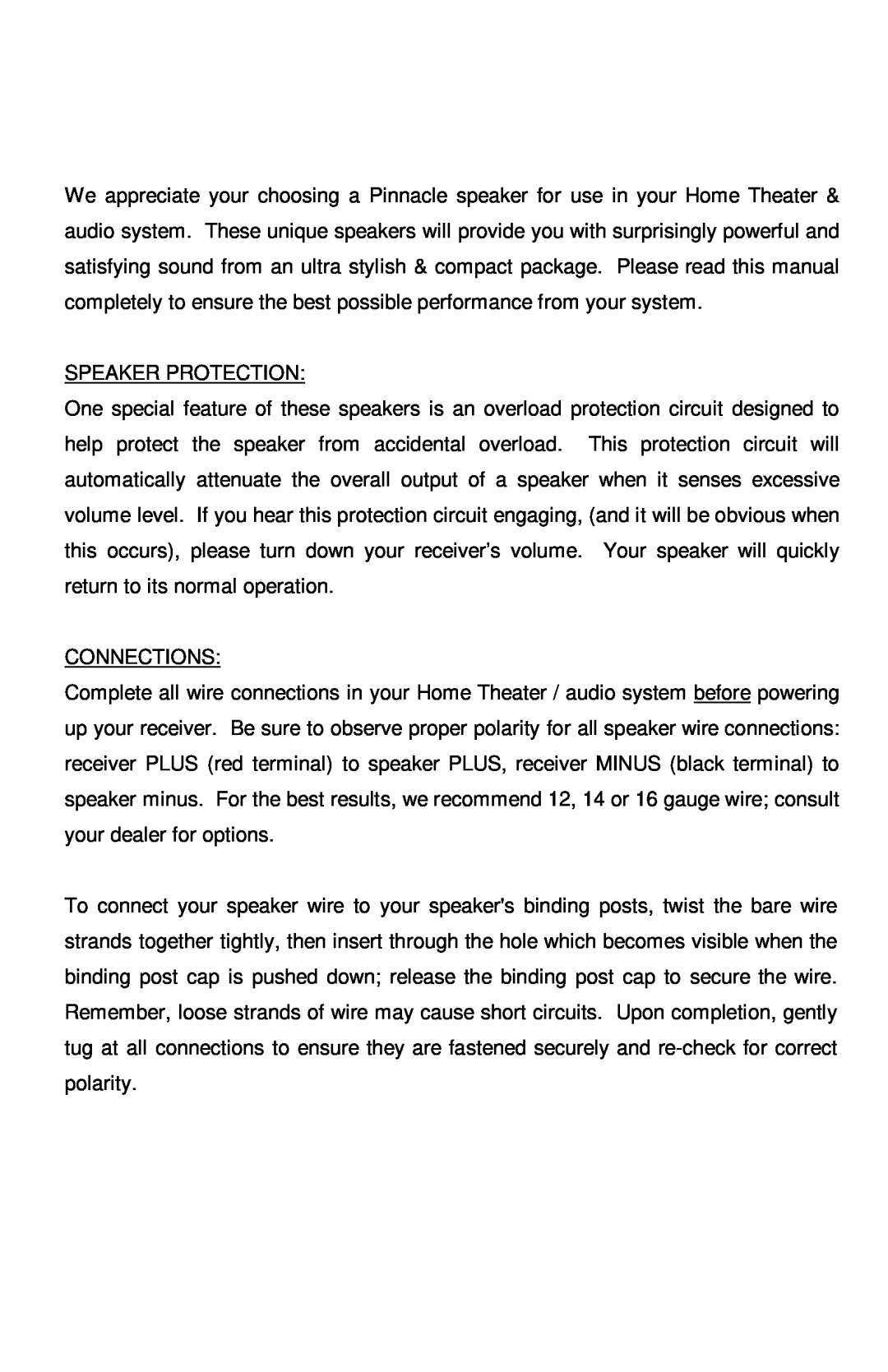 Pinnacle Speakers G0591 manual Speaker Protection, Connections 