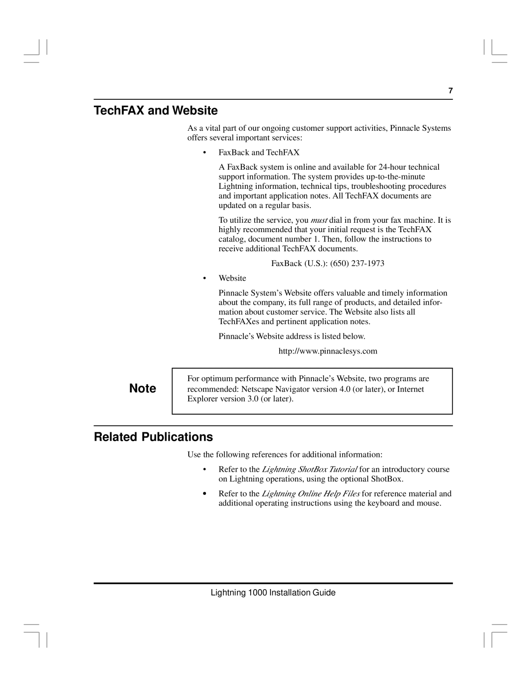 Pinnacle Speakers Lightning 1000 manual TechFAX and Website, Related Publications 