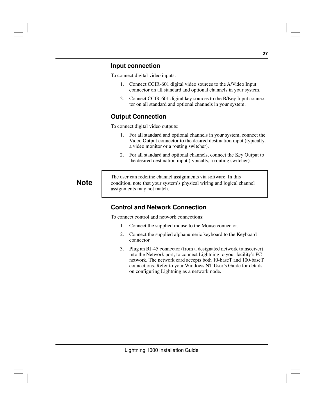 Pinnacle Speakers Lightning 1000 manual Input connection, Output Connection, Control and Network Connection 