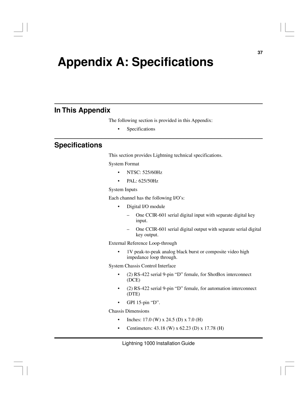 Pinnacle Speakers Lightning 1000 manual This Appendix, Specifications 