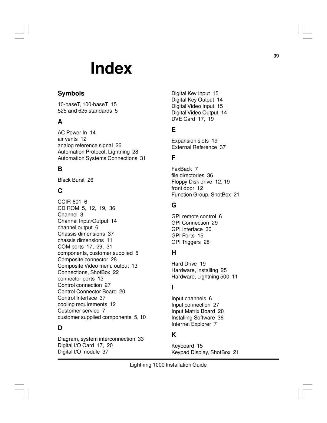 Pinnacle Speakers Lightning 1000 manual Index, Symbols 