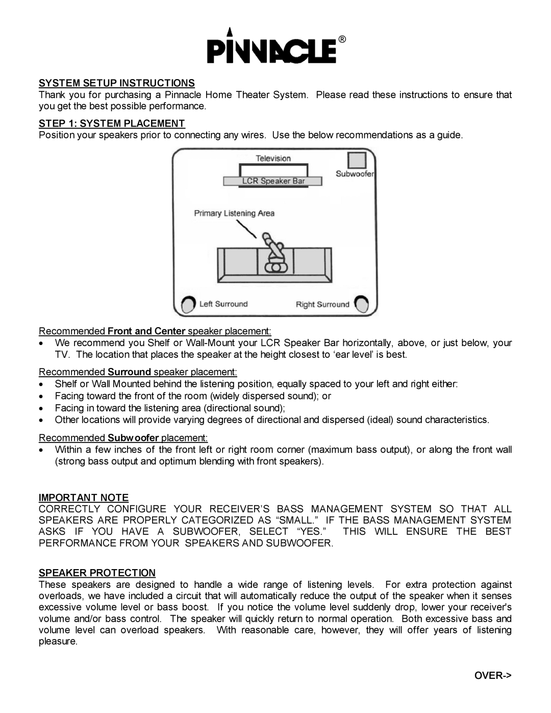 Pinnacle Speakers MB-10000 manual System Setup Instructions, System Placement, Important Note, Speaker Protection, Over 