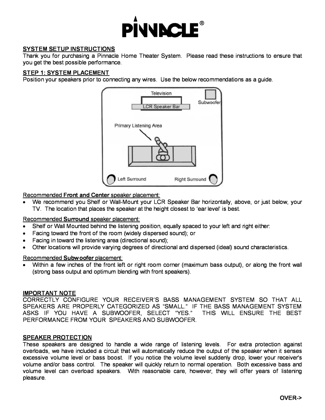 Pinnacle Speakers MB-10000 manual System Setup Instructions, System Placement, Important Note, Speaker Protection, Over 