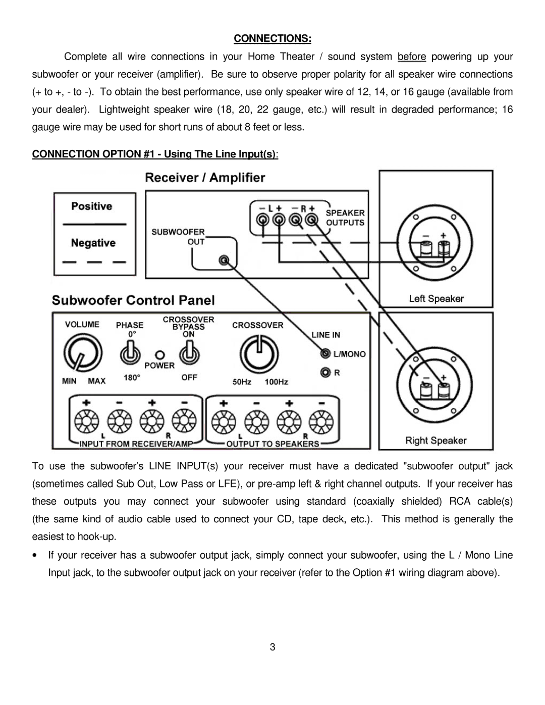 Pinnacle Speakers Rhino-Fiftenn, Rhino-Ten, Rhino-Twelve owner manual Connections, Connection Option #1 Using The Line Inputs 