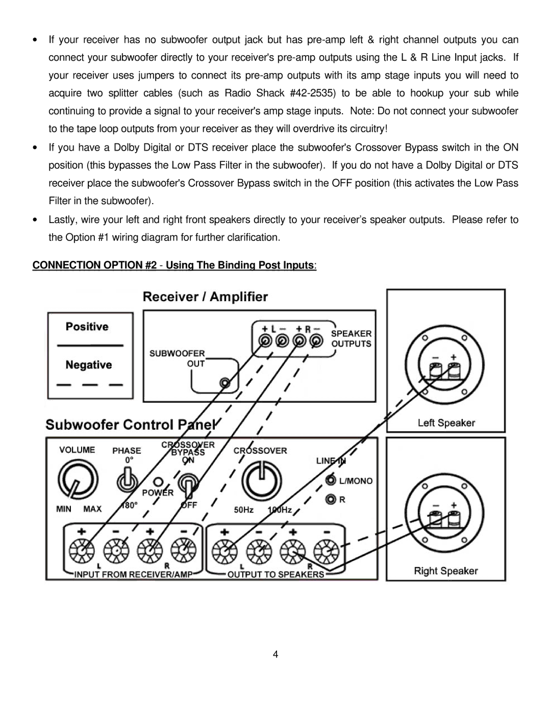 Pinnacle Speakers Rhino-Twelve, Rhino-Ten, Rhino-Fiftenn owner manual Connection Option #2 Using The Binding Post Inputs 