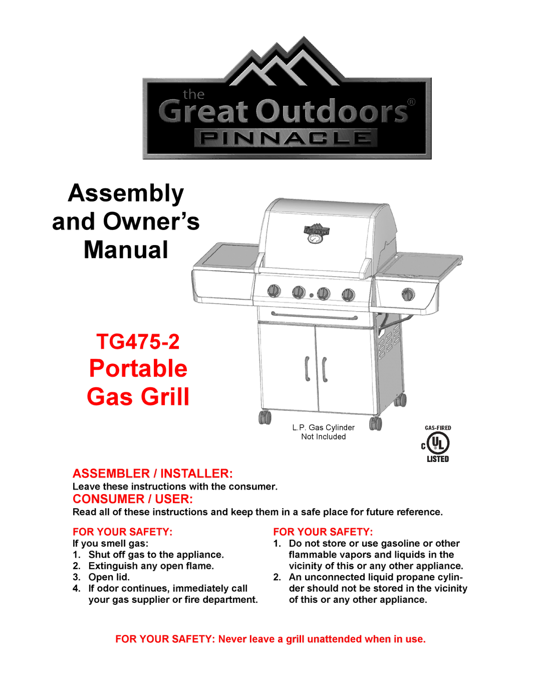 Pinnacle Speakers TG475-2 owner manual Portable Gas Grill 