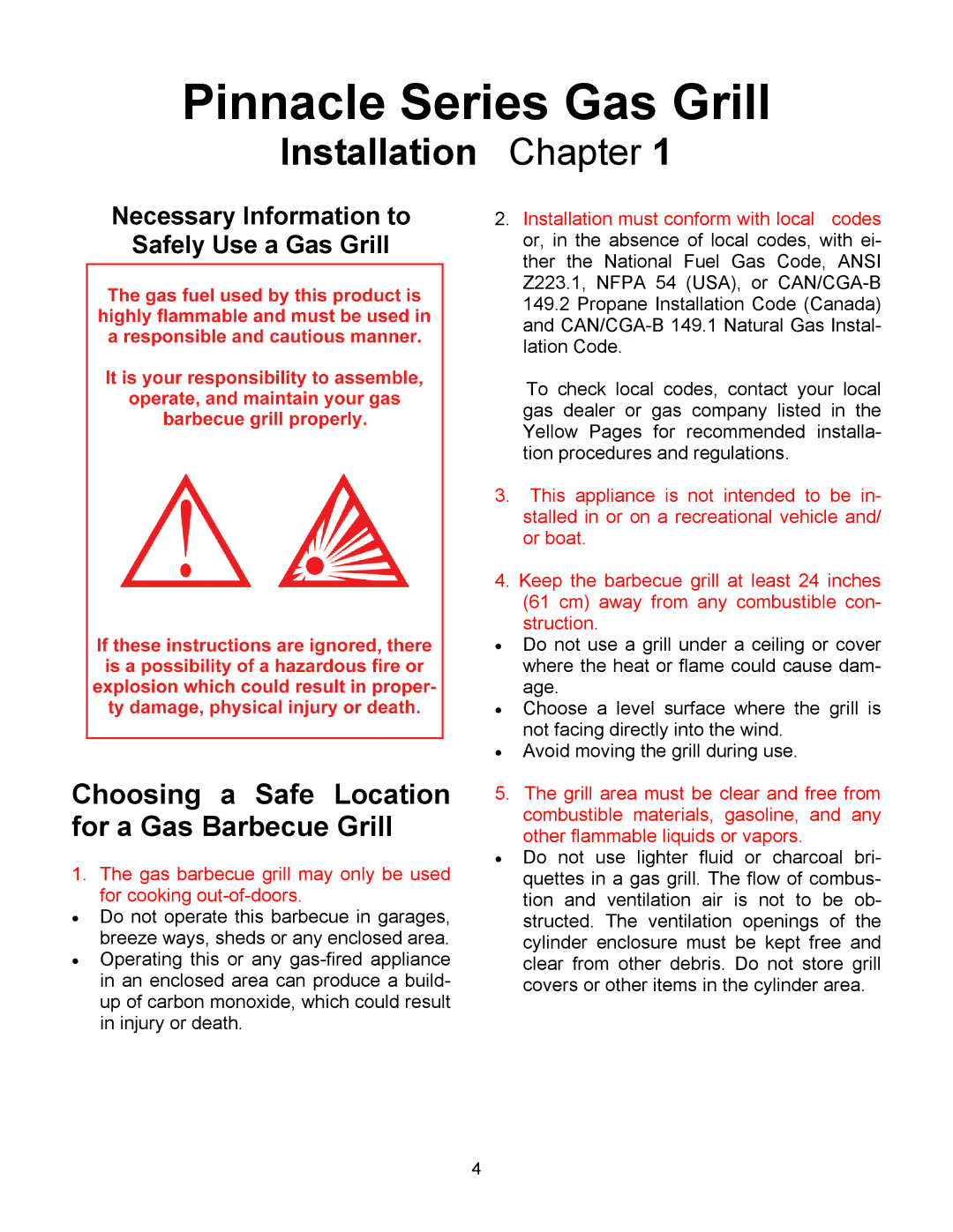 Pinnacle Speakers TG475-2 owner manual Pinnacle Series Gas Grill, Installation Chapter 