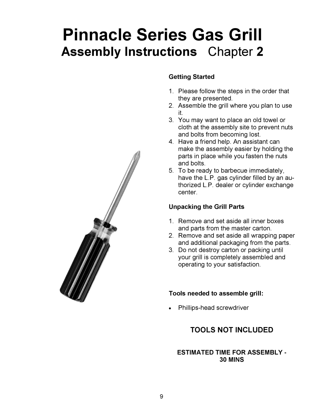 Pinnacle Speakers TG475-2 owner manual Assembly Instructions Chapter, Getting Started, Unpacking the Grill Parts 