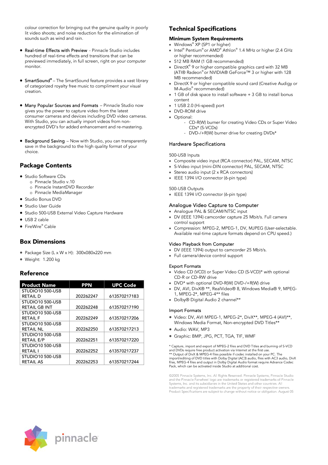 Pinnacle Ventures 500 manual Package Contents, Box Dimensions, Reference, Technical Specifications 