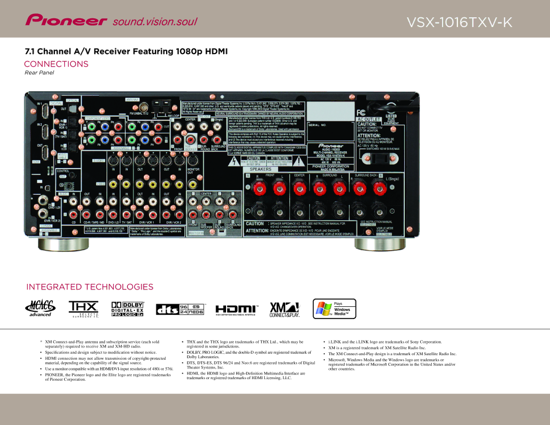 Pioneer 00012562810911 dimensions Connections, Integrated Technologies 