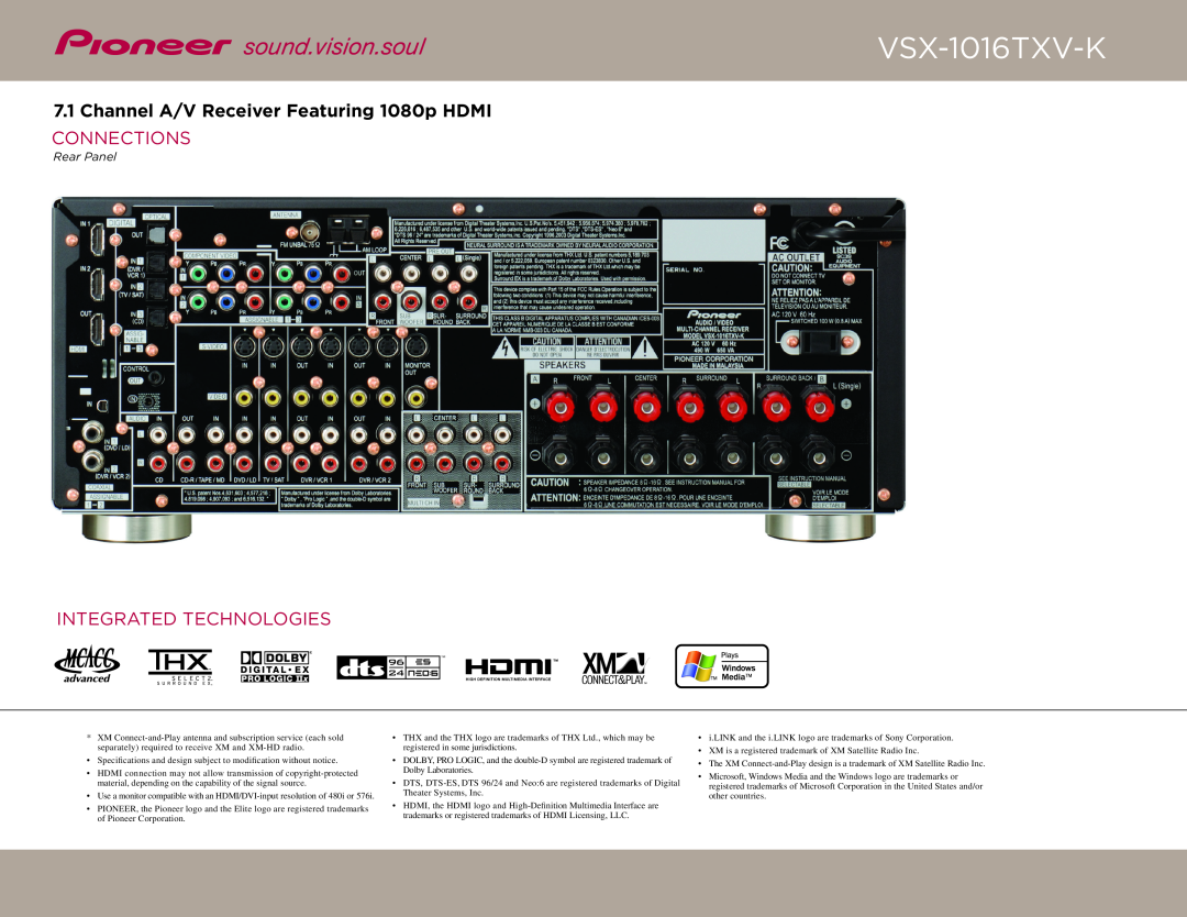Pioneer 00012562810911 Channel A/V Receiver Featuring 1080p HDMI, Connections, Integrated Technologies, VSX-1016TXV-K 