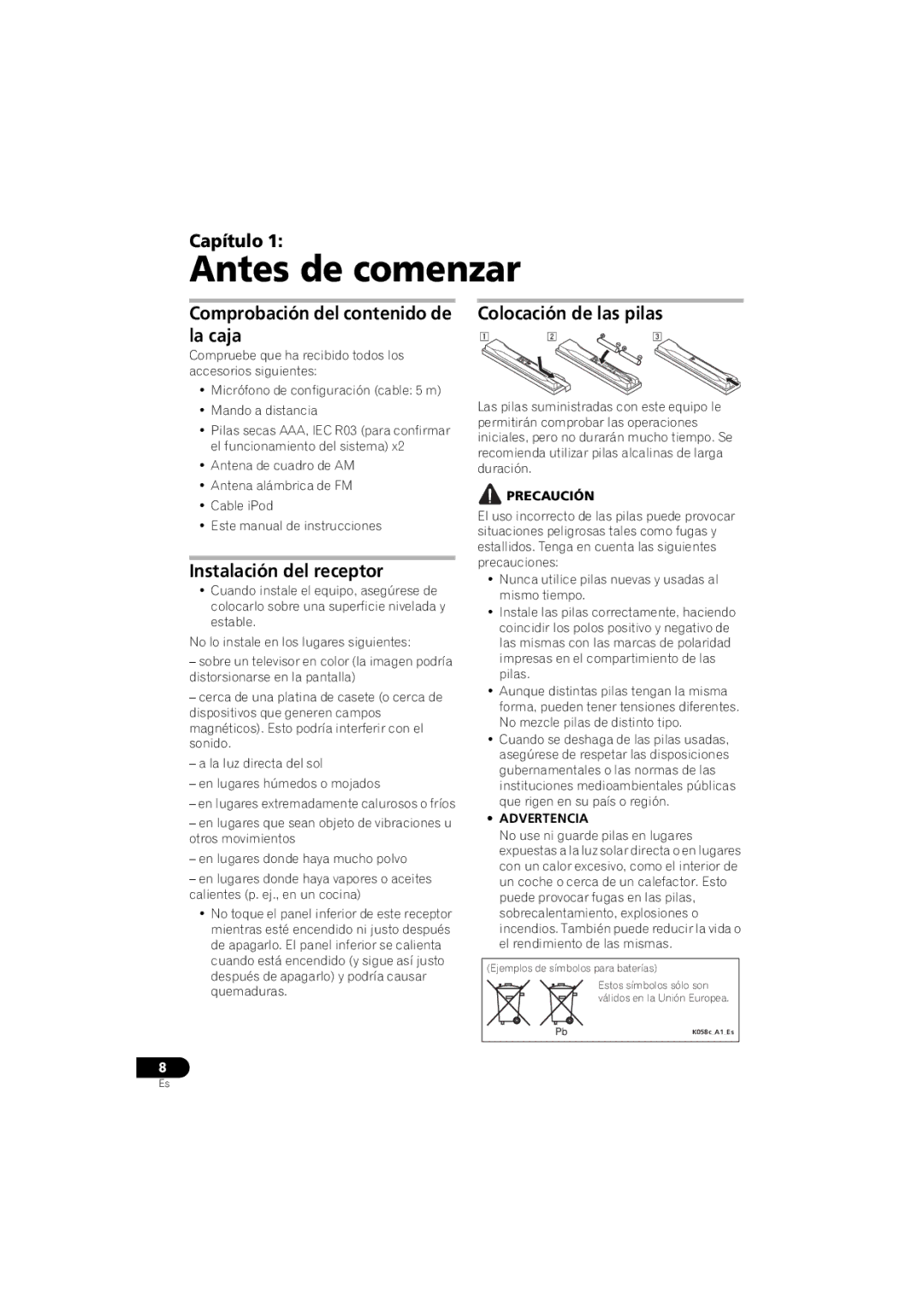 Pioneer 1020 manual Antes de comenzar, Capítulo, Comprobación del contenido de la caja, Instalación del receptor 