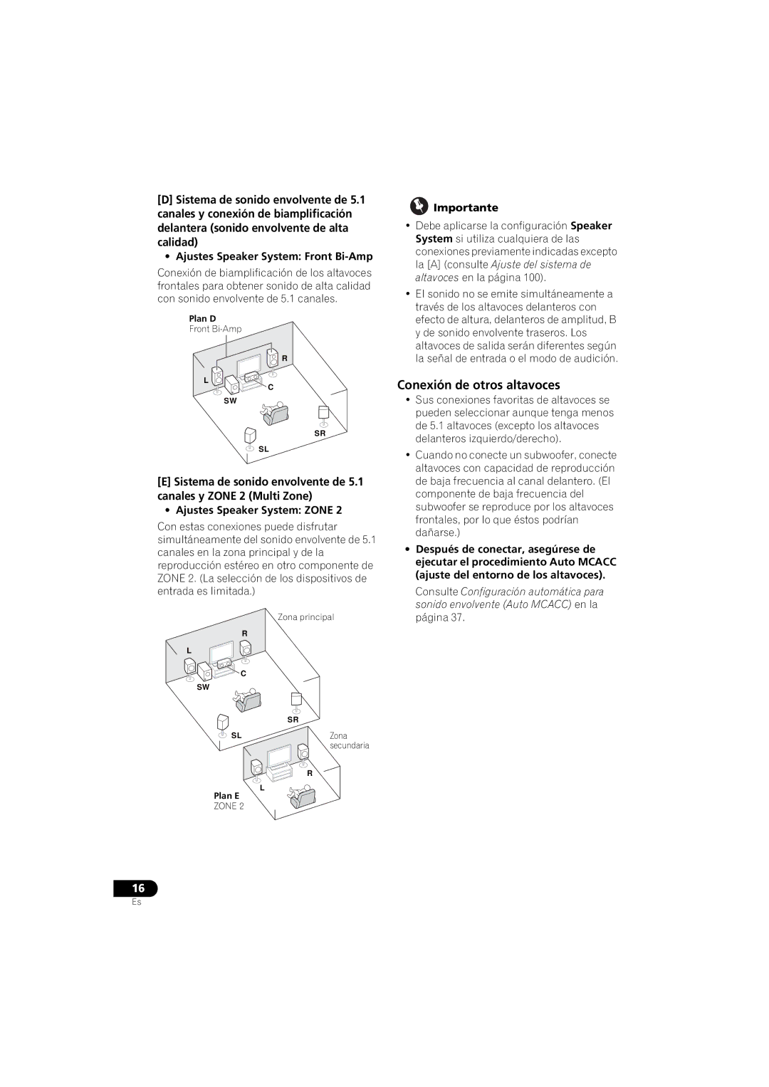 Pioneer 1020 manual Conexión de otros altavoces, Ajustes Speaker System Front Bi-Amp, Ajustes Speaker System Zone 