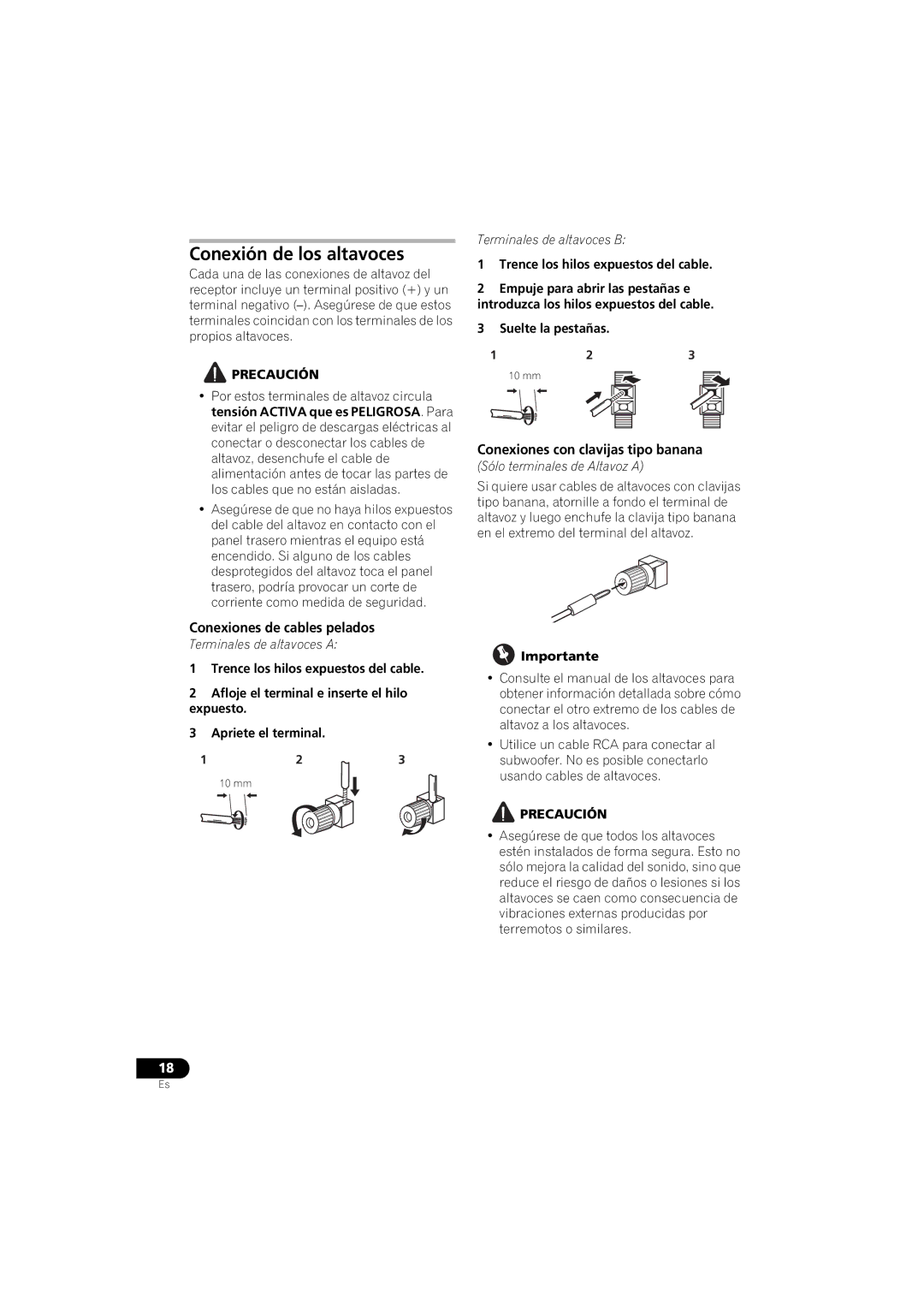 Pioneer 1020 manual Conexión de los altavoces, Conexiones de cables pelados, Conexiones con clavijas tipo banana 