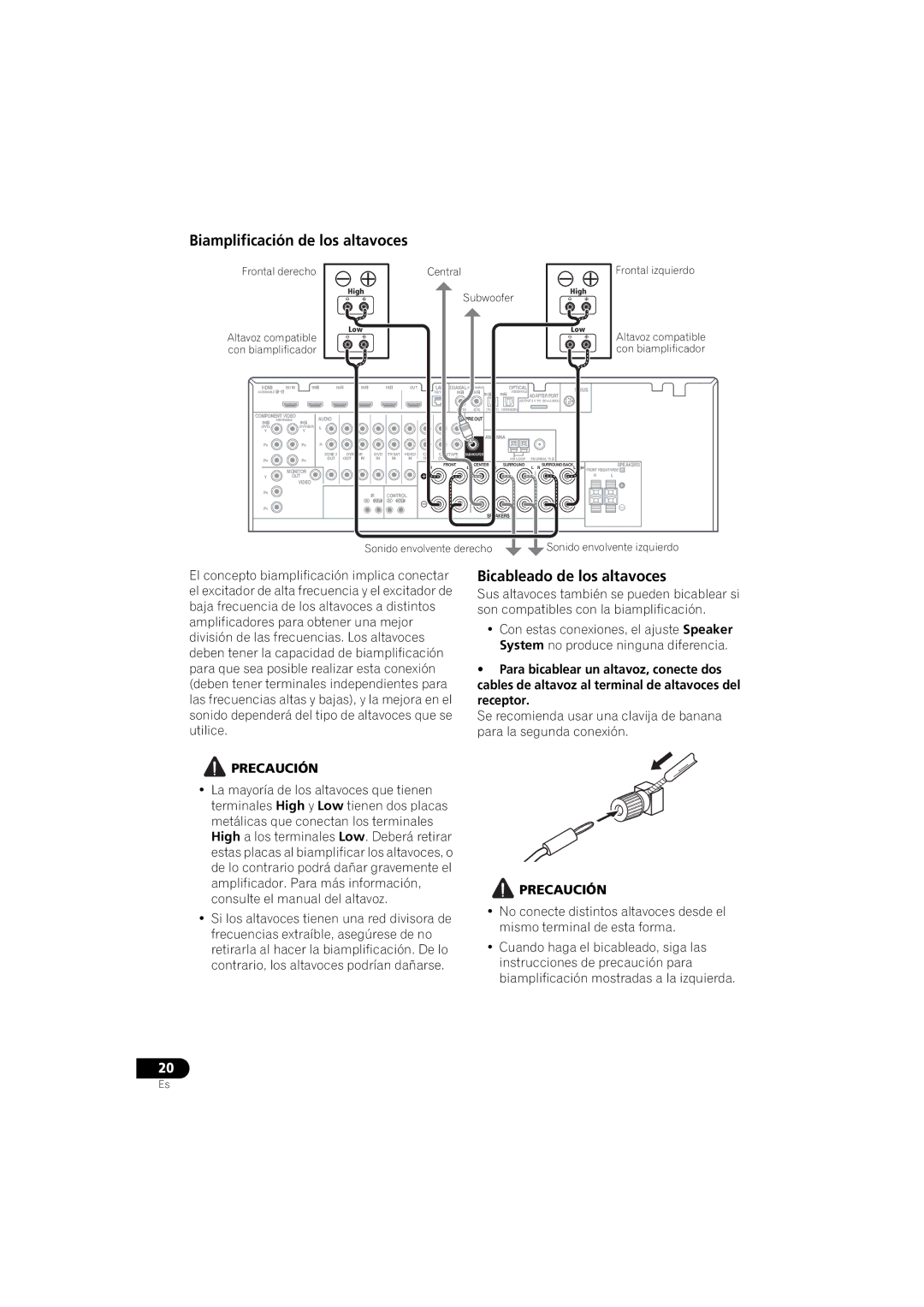 Pioneer 1020 manual Biamplificación de los altavoces, Bicableado de los altavoces 