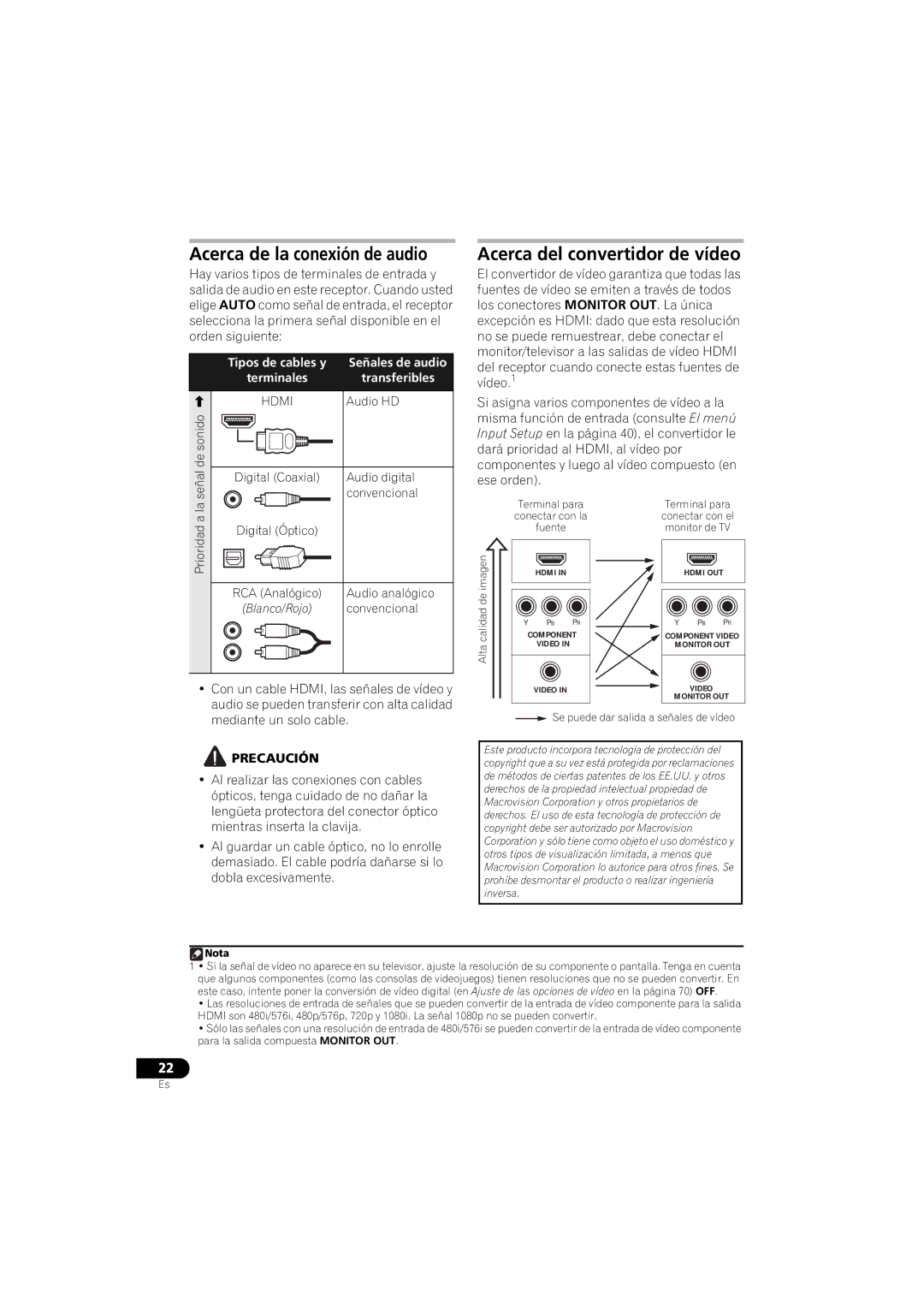 Pioneer 1020 manual Acerca de la conexión de audio, Acerca del convertidor de vídeo, Audio HD, Mediante un solo cable 