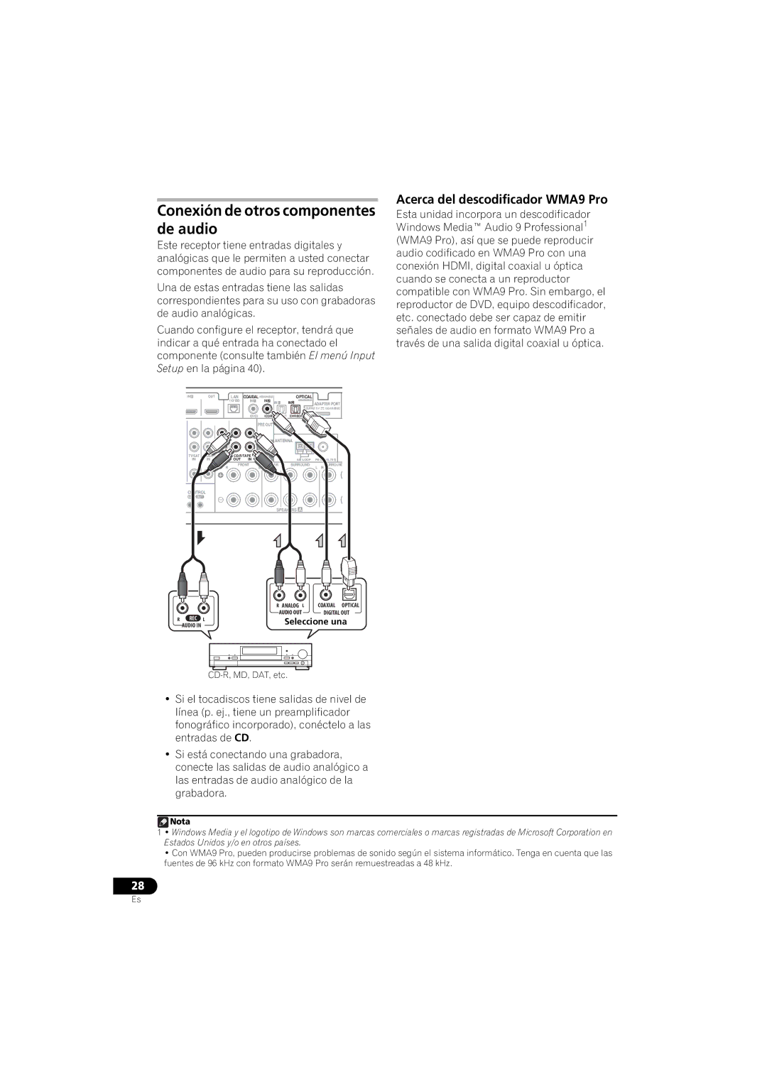 Pioneer 1020 manual Conexión de otros componentes de audio, Acerca del descodificador WMA9 Pro 