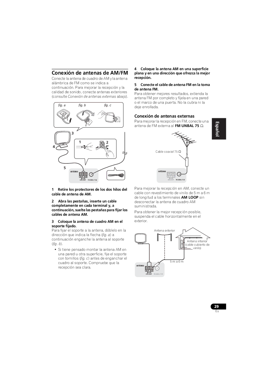 Pioneer 1020 manual Conexión de antenas de AM/FM, Conexión de antenas externas, Coloque la antena AM en una superficie 