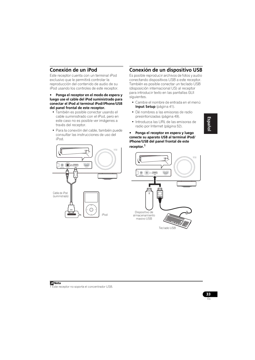 Pioneer 1020 manual Conexión de un iPod, Conexión de un dispositivo USB, Input Setup página 