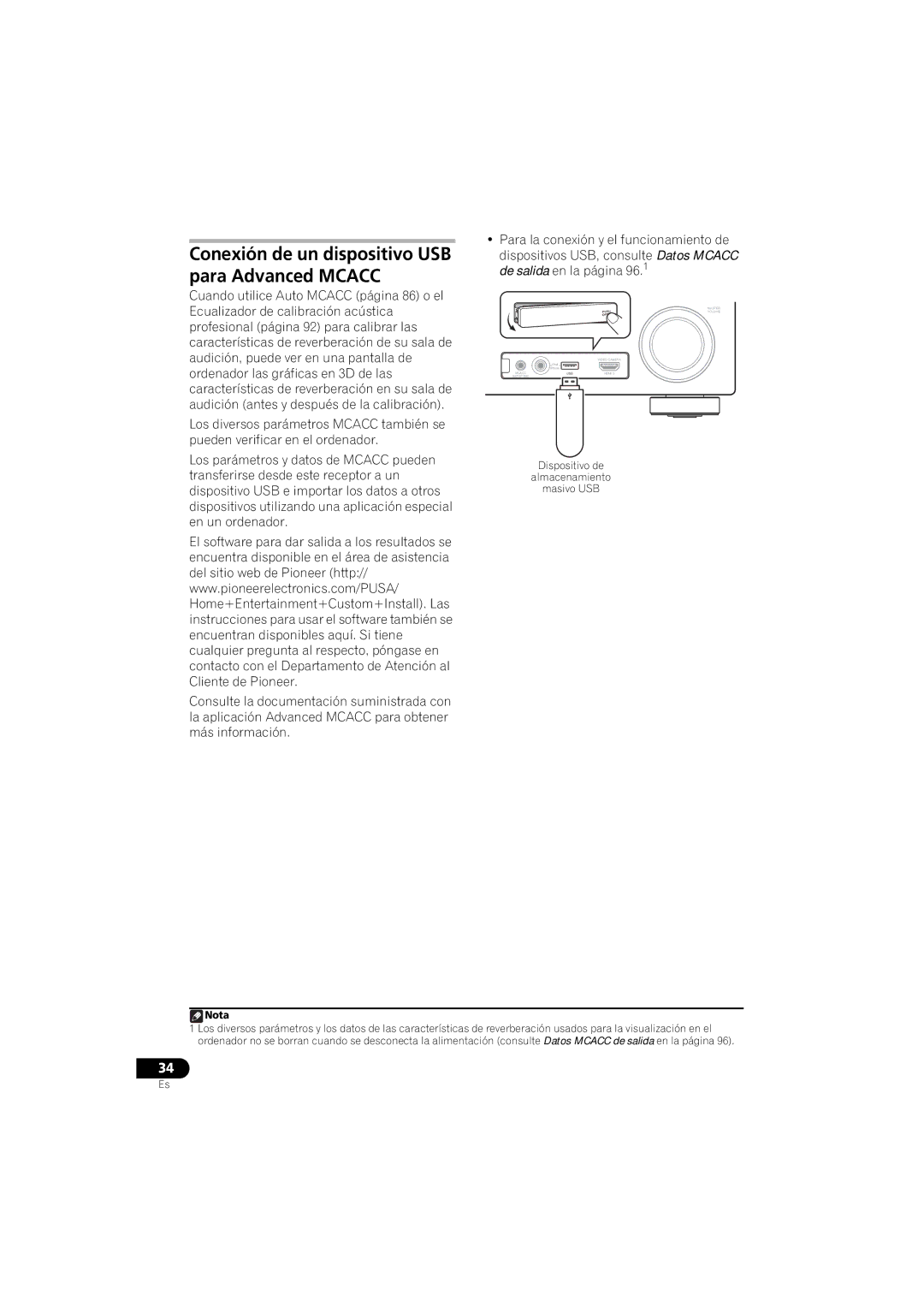 Pioneer 1020 manual Conexión de un dispositivo USB para Advanced Mcacc 