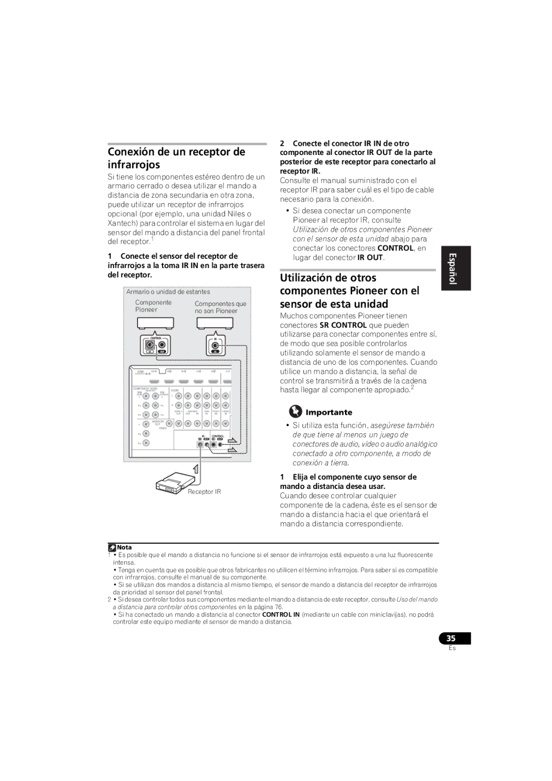 Pioneer 1020 manual Conexión de un receptor de infrarrojos, Utilización de otros, Receptor IR 