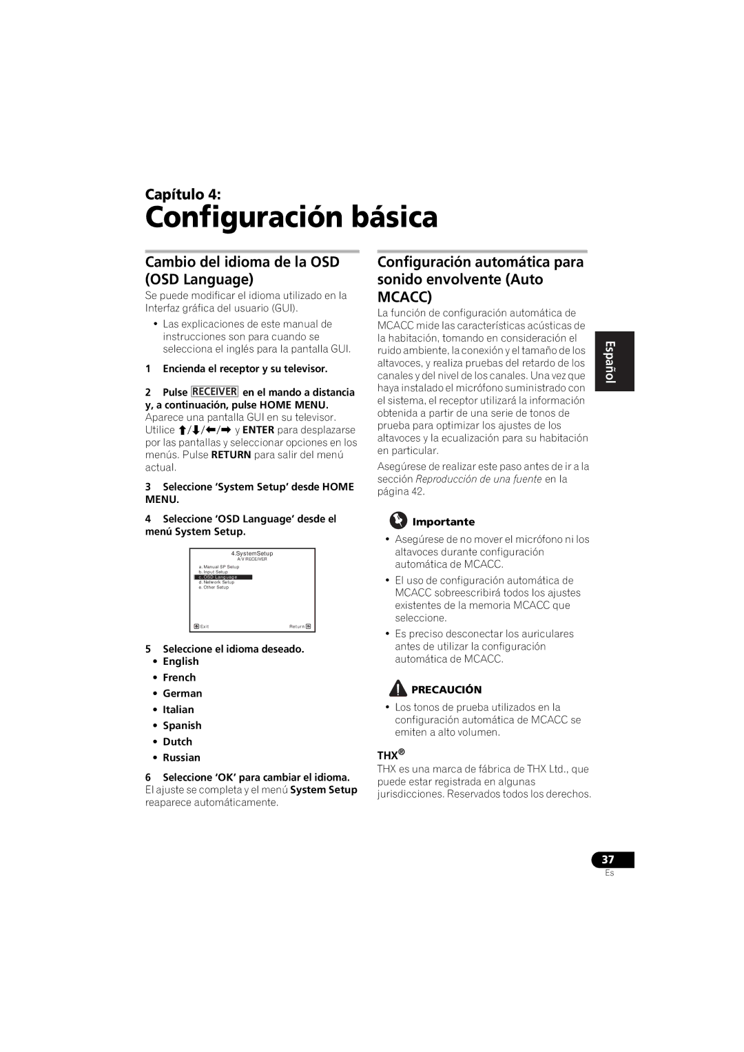 Pioneer 1020 manual Configuración básica, Cambio del idioma de la OSD OSD Language, Configuración automática para 