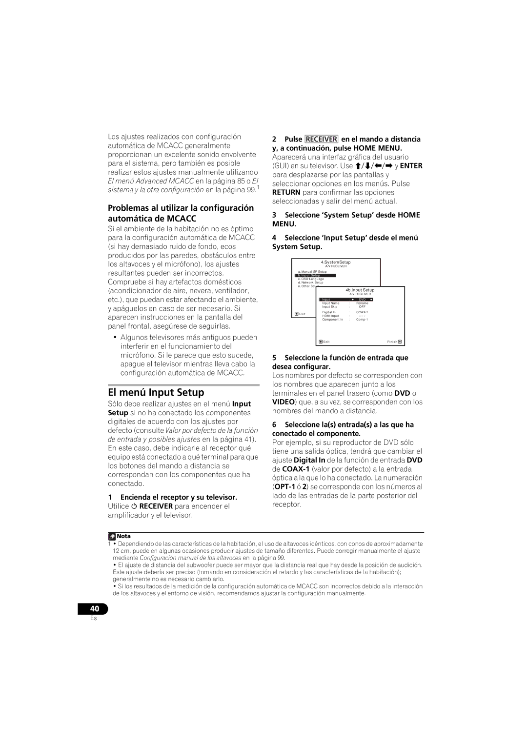 Pioneer 1020 manual El menú Input Setup, Problemas al utilizar la configuración automática de Mcacc 