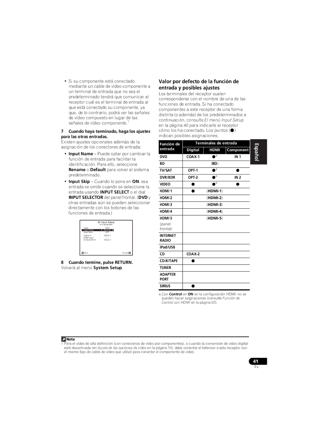 Pioneer 1020 Continuación, consulte El menú Input Setup, Función de Terminales de entrada, Entrada Digital, Component 