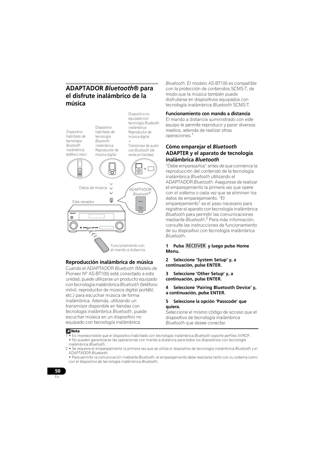 Pioneer 1020 manual Reproducción inalámbrica de música, Funcionamiento con mando a distancia 