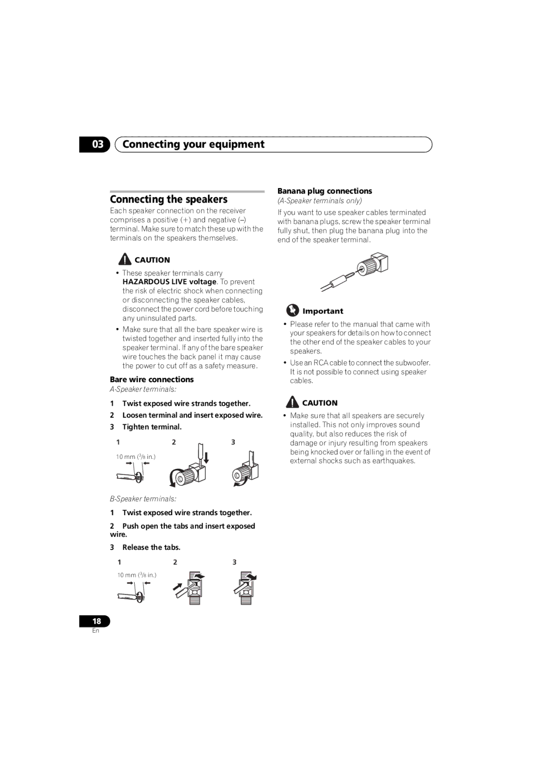 Pioneer 1020 manual Connecting your equipment Connecting the speakers, Bare wire connections, Banana plug connections 