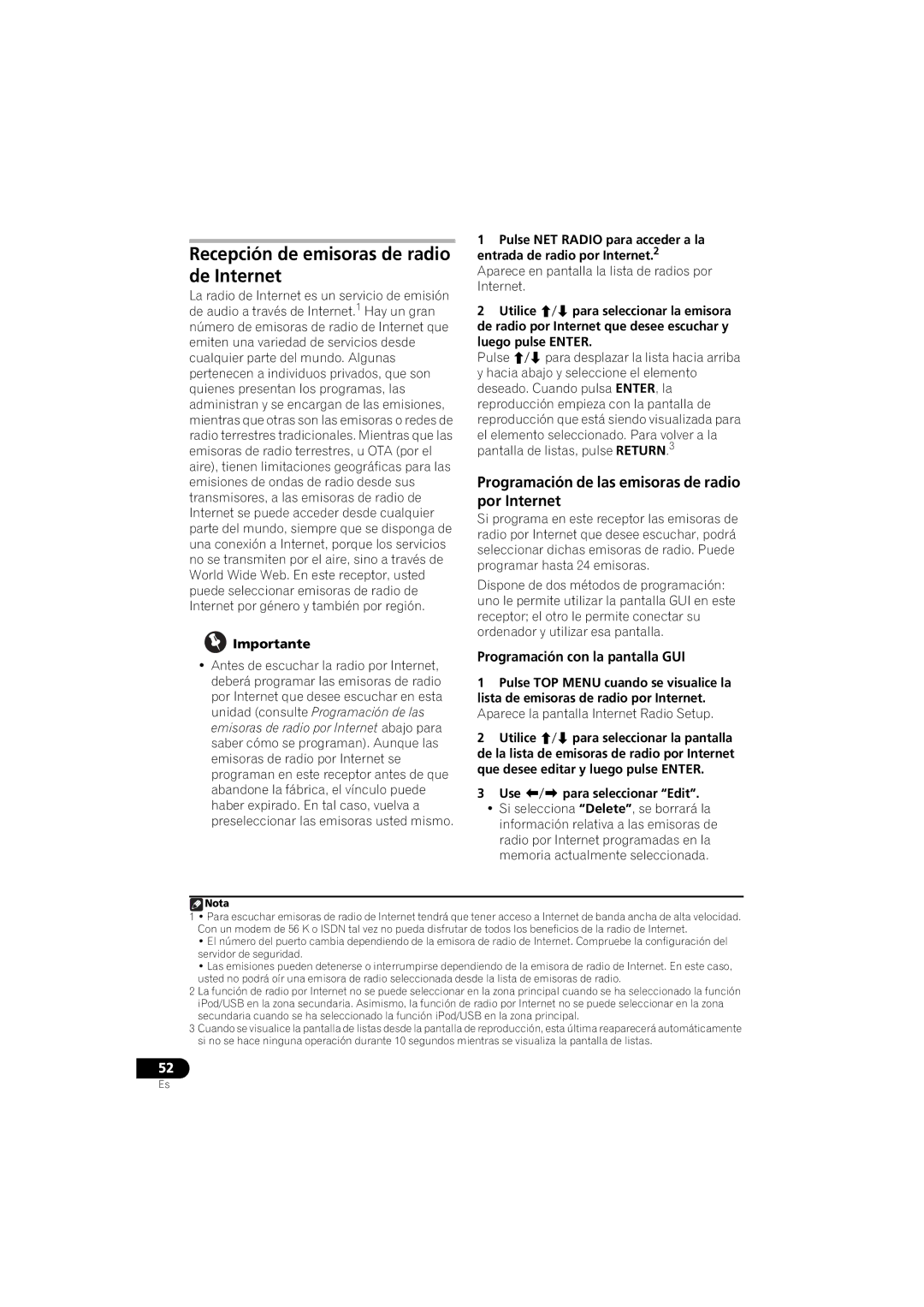 Pioneer 1020 manual Recepción de emisoras de radio de Internet, Programación de las emisoras de radio por Internet 