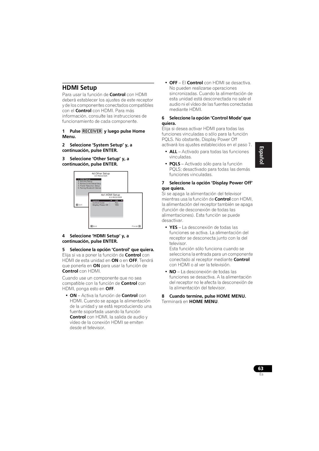 Pioneer 1020 manual Seleccione la opción ‘Control Mode’ que quiera, Seleccione la opción ‘Display Power Off’ que quiera 