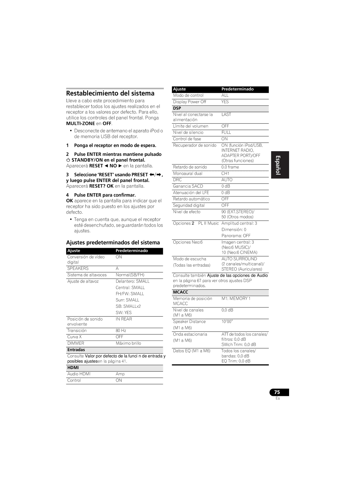 Pioneer 1020 manual Restablecimiento del sistema, Ajustes predeterminados del sistema, Ponga el receptor en modo de espera 