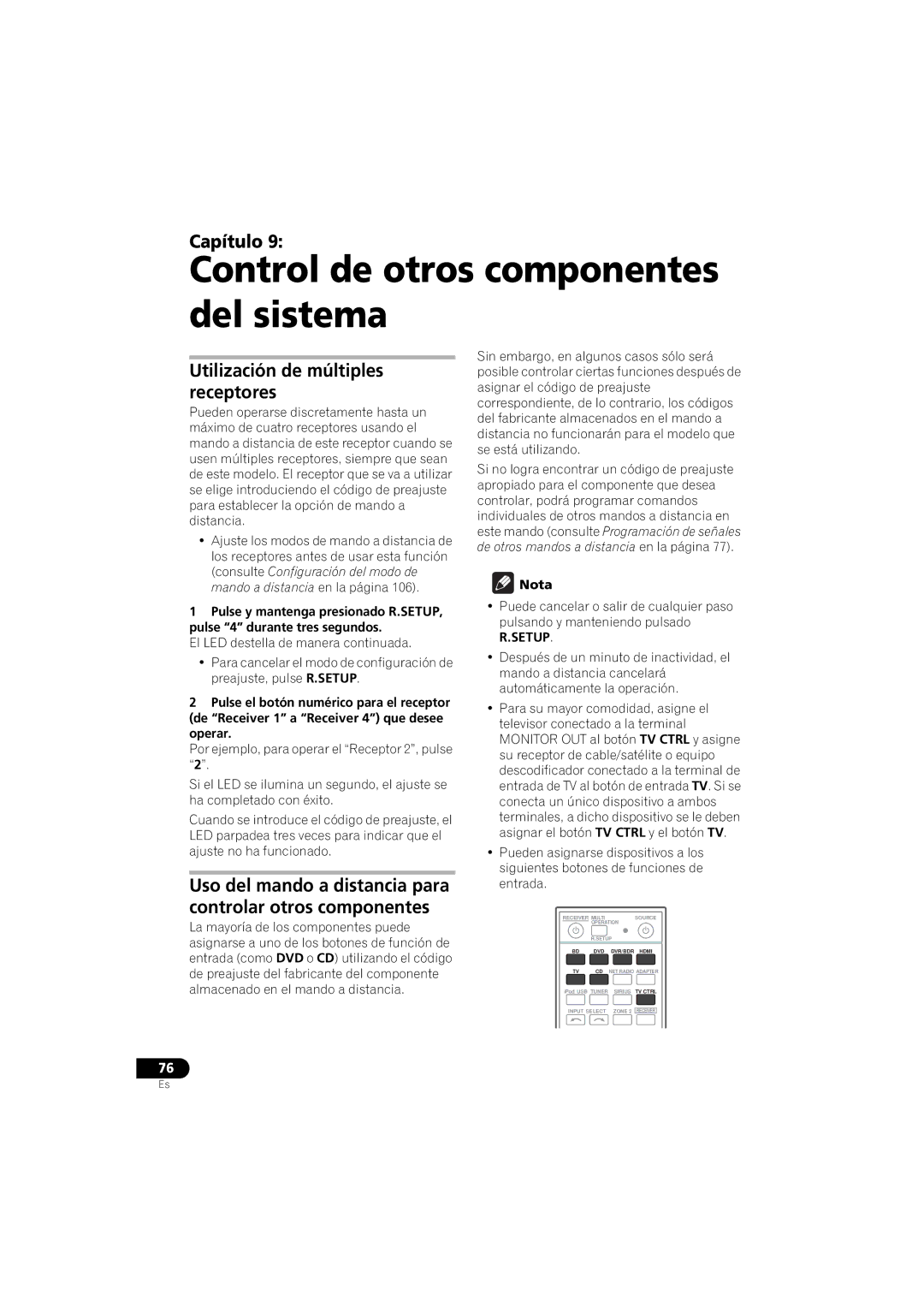 Pioneer 1020 manual Control de otros componentes del sistema, Utilización de múltiples receptores, Nota 