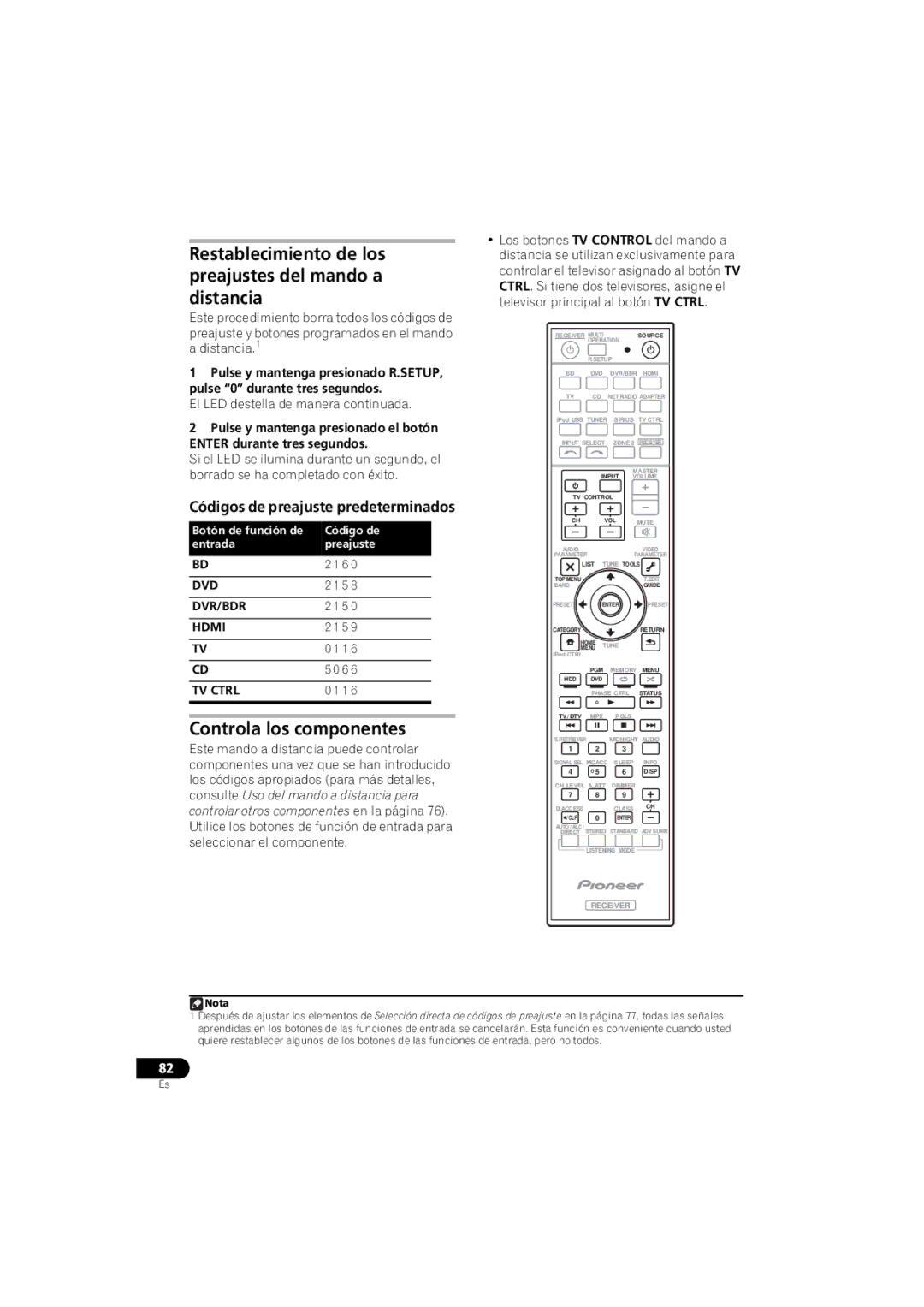 Pioneer 1020 manual Restablecimiento de los preajustes del mando a distancia, Controla los componentes 