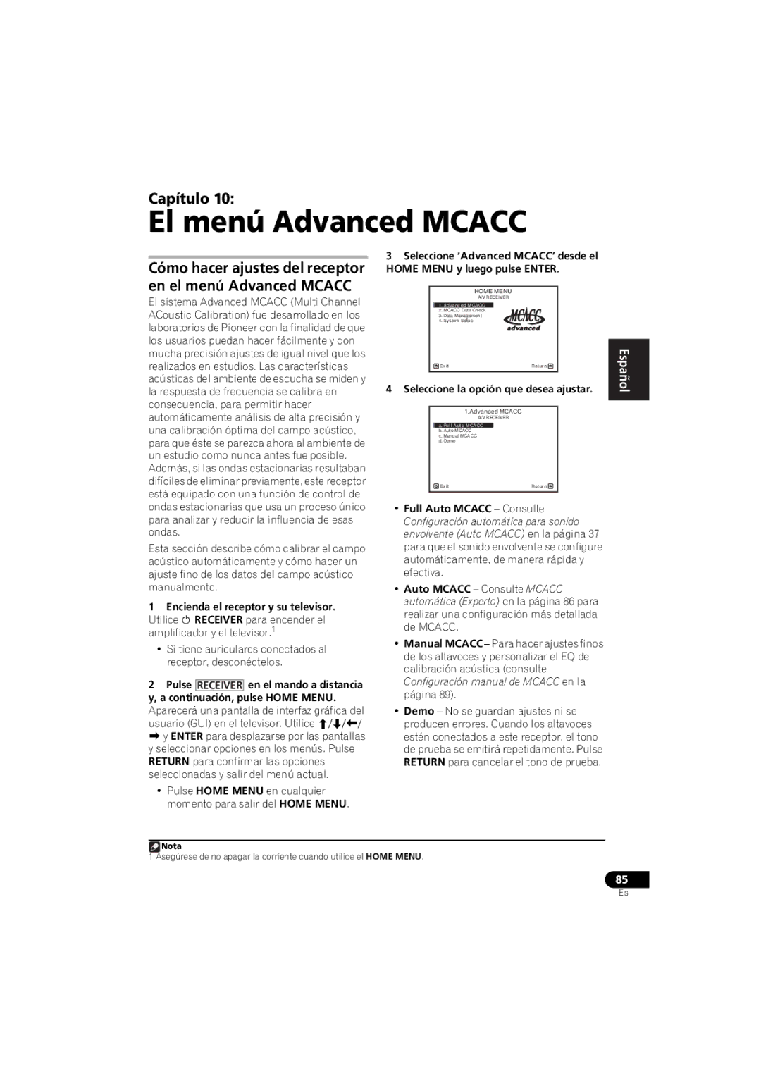 Pioneer 1020 manual El menú Advanced Mcacc, Cómo hacer ajustes del receptor en el menú Advanced Mcacc 