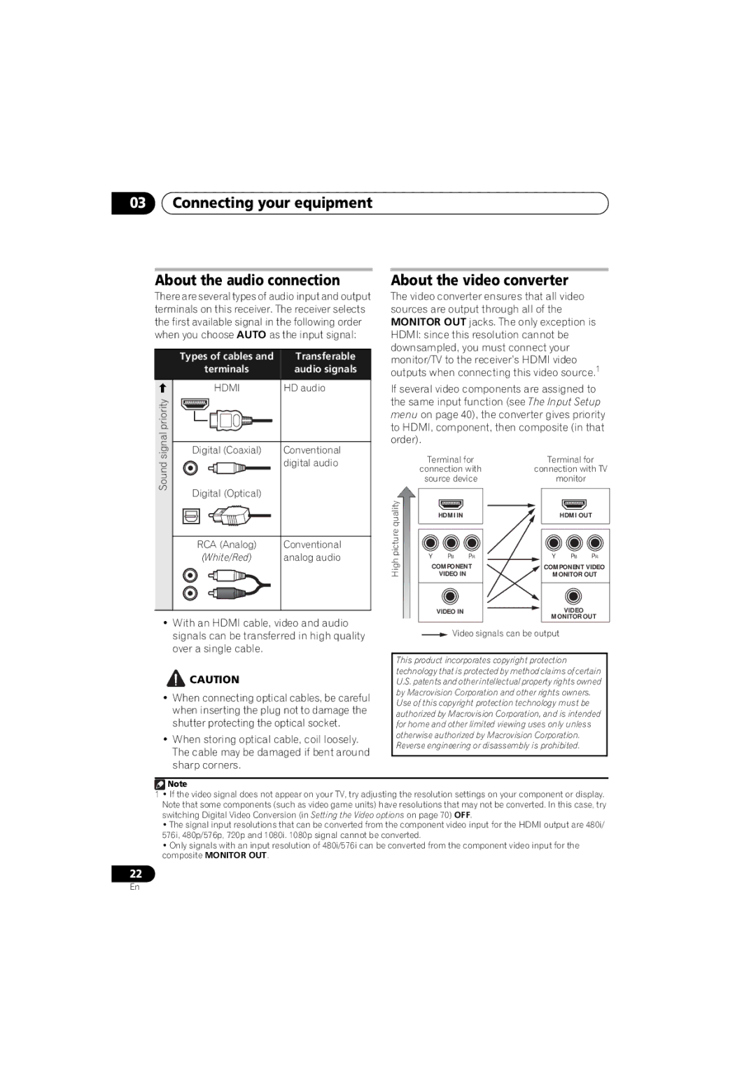 Pioneer 1020 manual Connecting your equipment About the audio connection, About the video converter, HD audio, Analog audio 