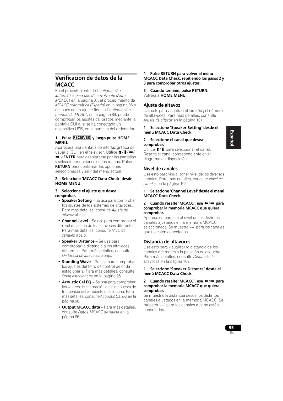 Pioneer 1020 manual Verificación de datos de la, Ajuste de altavoz, Nivel de canales, Distancia de altavoces 