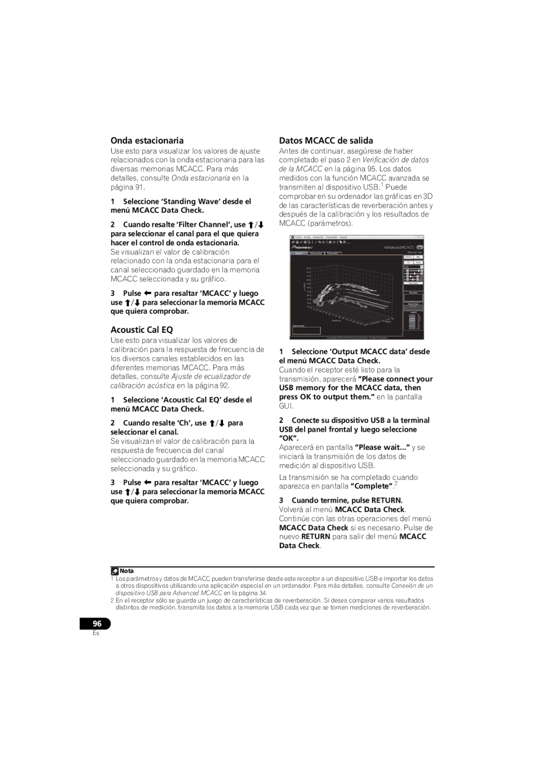 Pioneer 1020 manual Datos Mcacc de salida, Seleccione ‘Standing Wave’ desde el menú Mcacc Data Check 