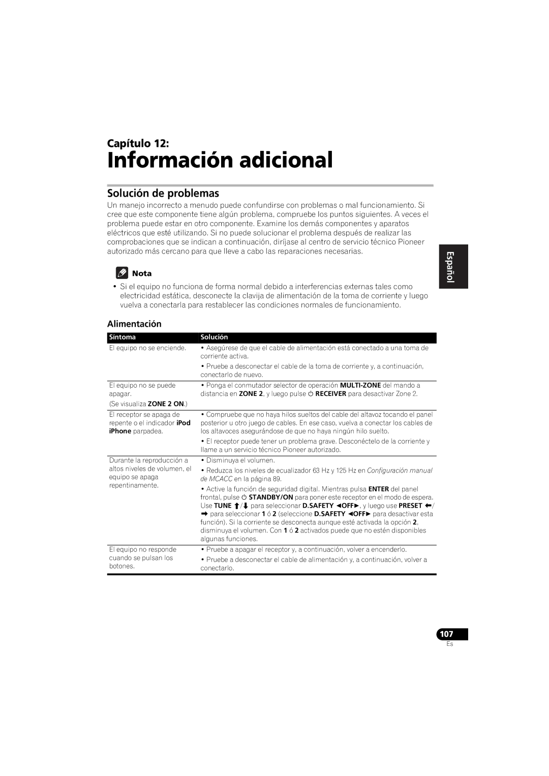 Pioneer 1020 manual Información adicional, Solución de problemas, Alimentación, Síntoma Solución 