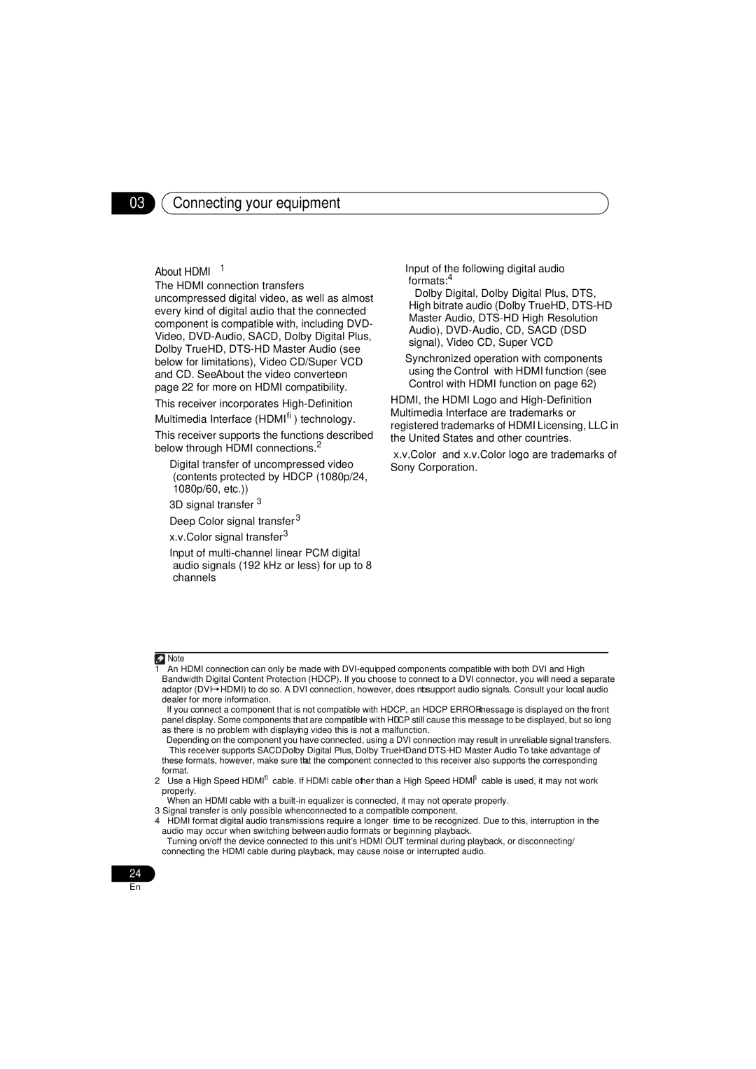 Pioneer 1020 manual Connecting your equipment, About HDMI1 