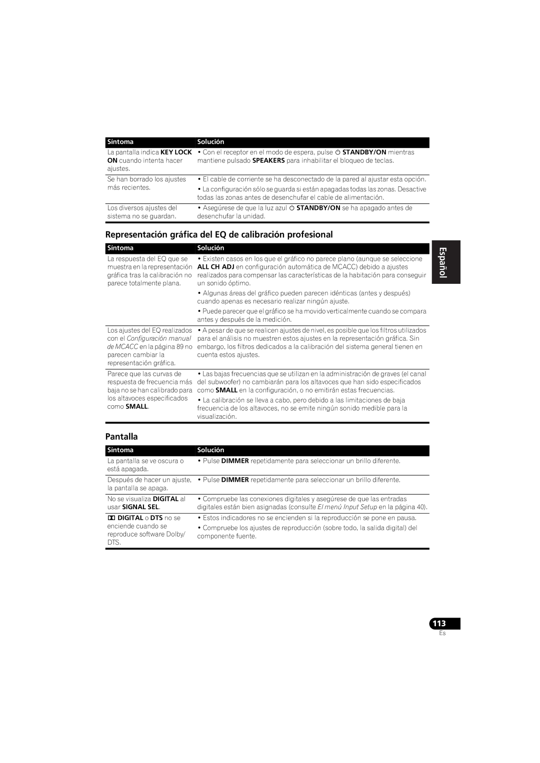 Pioneer 1020 manual Representación gráfica del EQ de calibración profesional, Pantalla, SíntomaSolución, Usar Signal SEL 