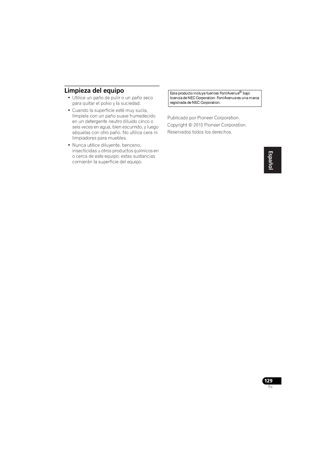 Pioneer 1020 manual Limpieza del equipo, Publicado por Pioneer Corporation, Copyright 2010 Pioneer Corporation 