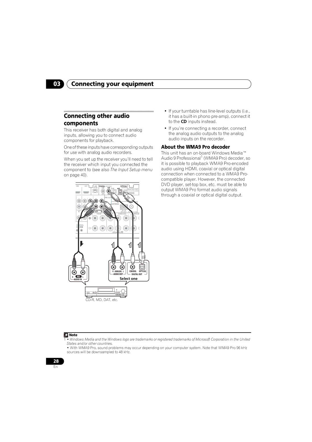 Pioneer 1020 manual Connecting your equipment Connecting other audio components, About the WMA9 Pro decoder 