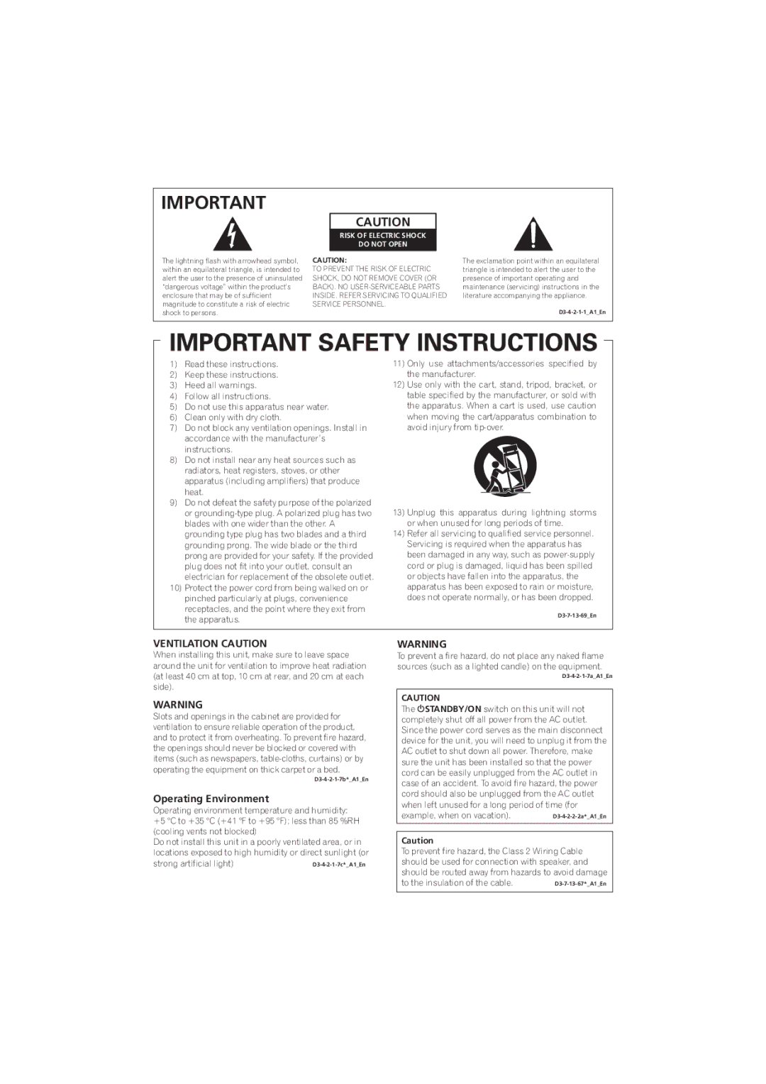 Pioneer 1020 manual Ventilation Caution 