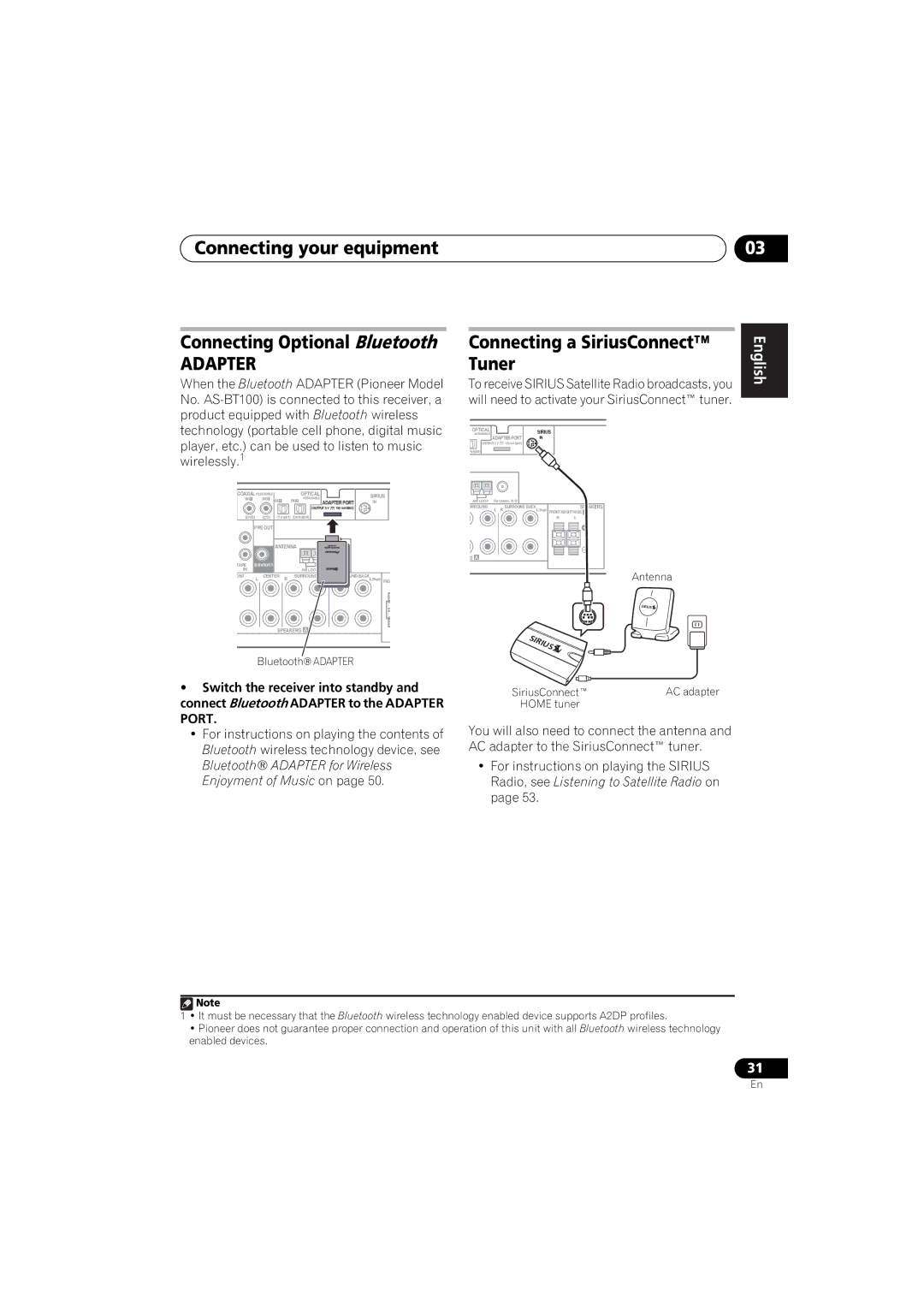 Pioneer 1020 manual Connecting your equipment Connecting Optional Bluetooth, Connecting a SiriusConnect Tuner 